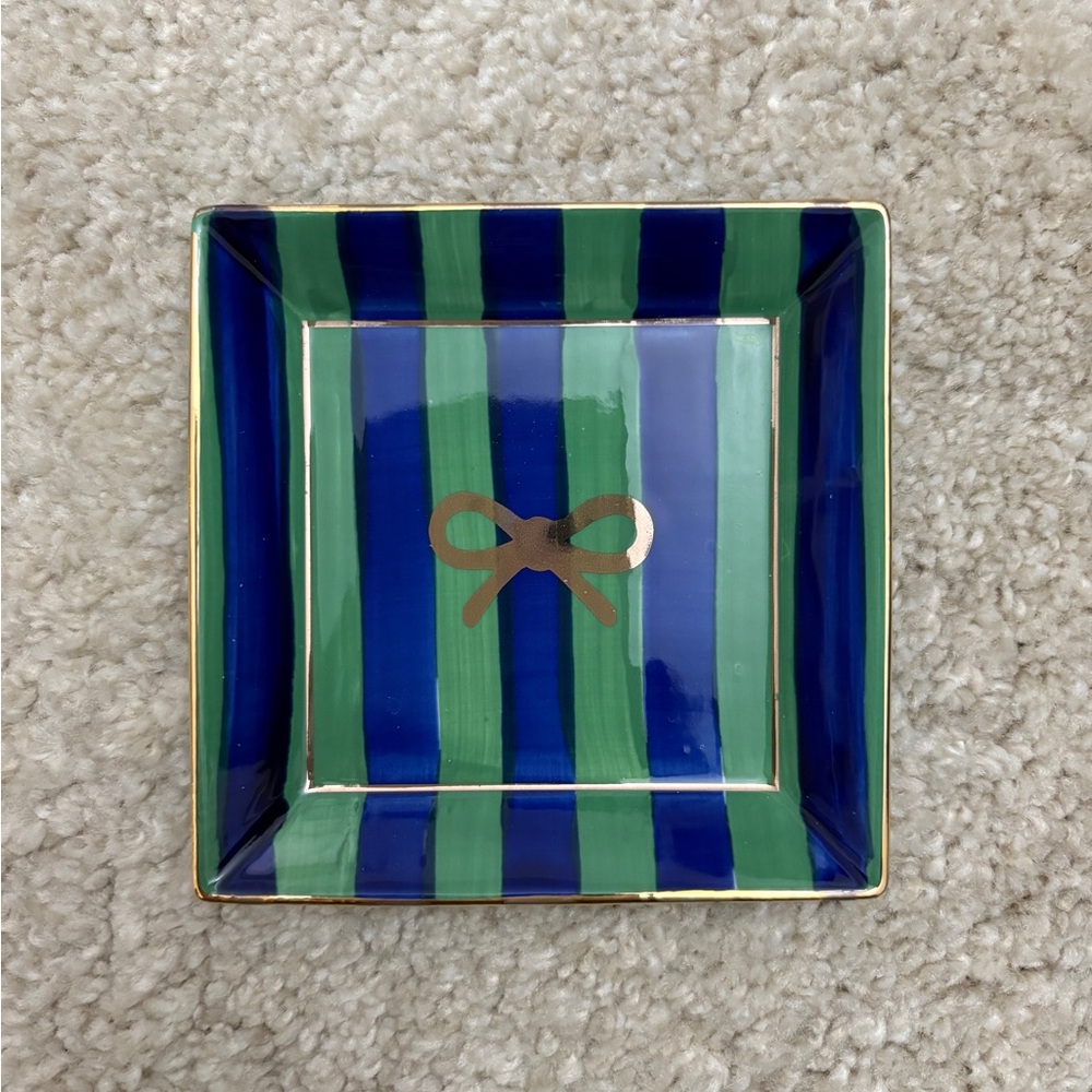 Anthropologie Blue and Green Striped Ceramic Trinket Tray with Gold Bow
